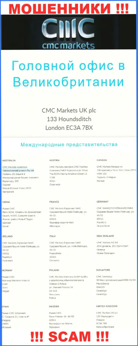 На сайте конторы CMCMarkets Com показан липовый официальный адрес - это ВОРЮГИ !