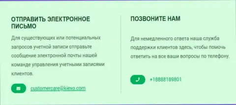 Номер телефона и электронный адрес дилинговой организации KIEXO