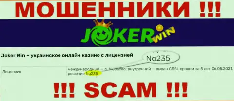 Размещенная лицензия на сайте Казино Джокер, никак не мешает им похищать средства людей - это ВОРЮГИ !!!