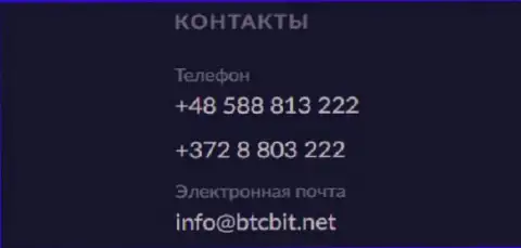 Телефон и электронка интернет организации BTCBit