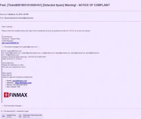 Подобная жалоба на официальный интернет-ресурс FiN Max пришла и регистратору доменного имени сайта