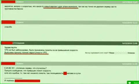 Общение с техподдержкой хостинга, где находился веб-портал ffin.xyz касательно ситуации с нарушением в работе web-сервера